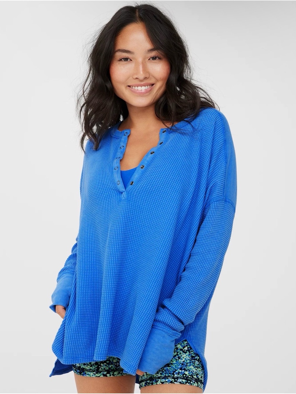 aerie Royal Blue Waffle Henley Long-Sleeve Top